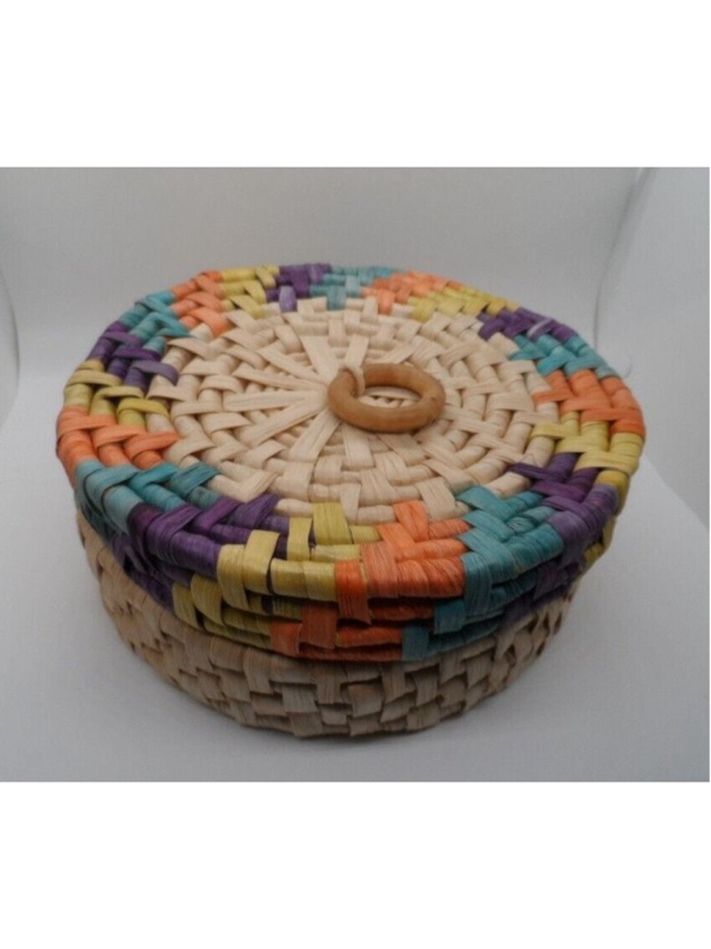 Round Hand Woven 4" x 9" Basket with attached multi-colored Lid